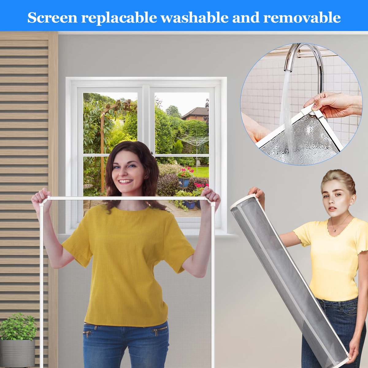Ibenzoa® Verstelbare magnetische insectenwering voor ramen, eenvoudig te installeren, houdt insecten buiten, wit frame en grijs net, 130 x 150 cm