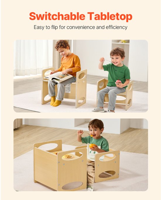 Bovenste foto: twee kinderen lezen en eten aan een naturel houten kinder tafel/stoel set. Onderste foto: een kind zit aan tafel.