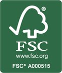 FSC logo met tekst 'FSC www.fsc.org FSC A000515' op groene achtergrond.