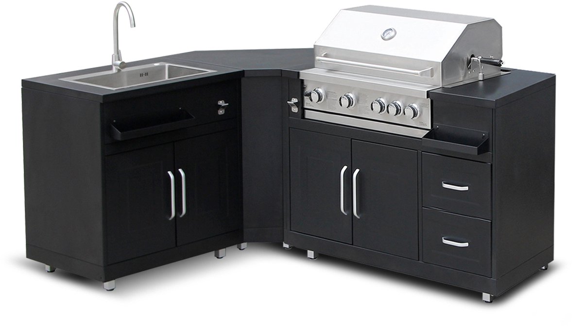 Oviala - Metalen buitenkeuken met 3 spoelbakken en barbecue