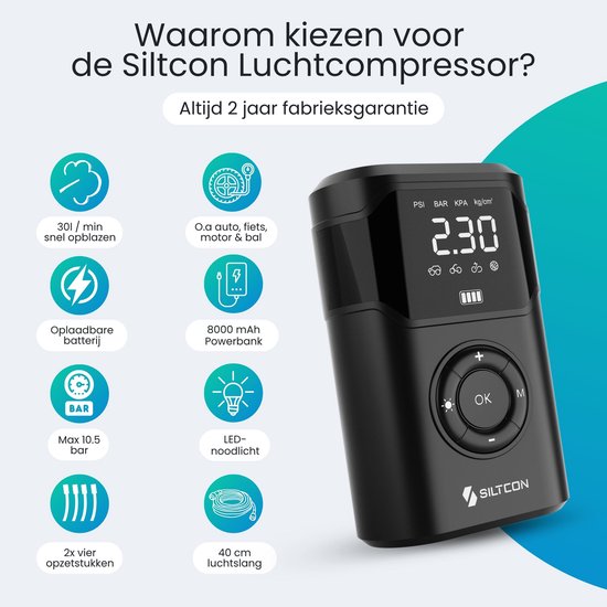 Siltcon® Luchtcompressor Bandenpomp - Tot 10.5 Bar - 8000 mAh Powerbank - Elektrische Fietspomp – Compressor - Bandenpomp – O.a. Fiets, Auto, Scooter, Bal en Luchtbed – Oplaadbaar – 30l/min – SOS Lamp - Noodpakket - Incl. 8 Opzetstukjes en Opberghoes — afbeelding 2