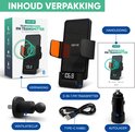 Inhoud van de verpakking van de Serve FM Transmitter telefoonhouder, inclusief de houder, autolader, ventilatieclip en handleiding.