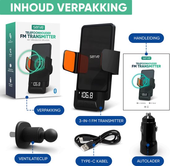 Inhoud van de verpakking van de Serve FM Transmitter telefoonhouder, inclusief de houder, autolader, ventilatieclip en handleiding.