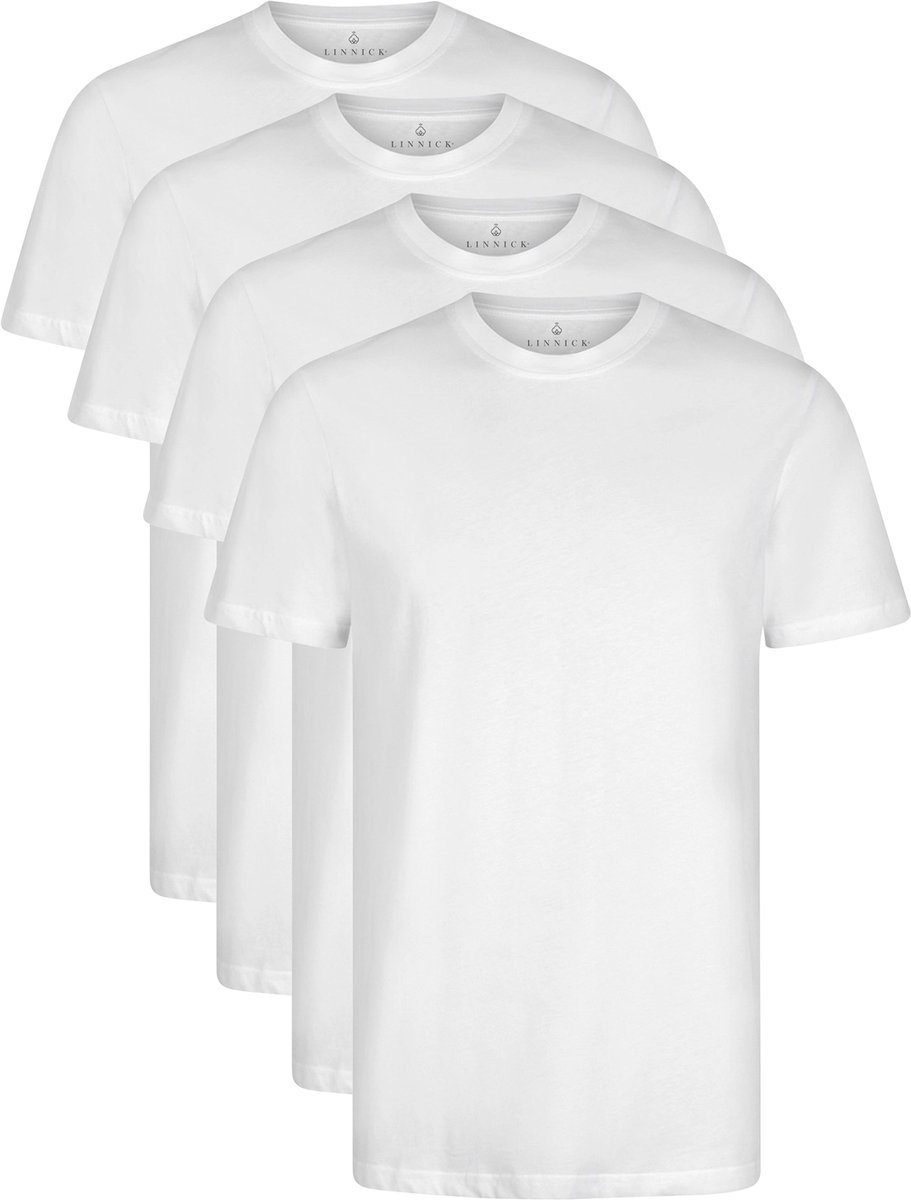 LINNICK Long Fit T-Shirt 4 Pack - Ronde Hals - Korte Mouw - T Shirt Heren - 100% Katoen - Longfit T Shirt Heren - White - Maat S - Set van 4