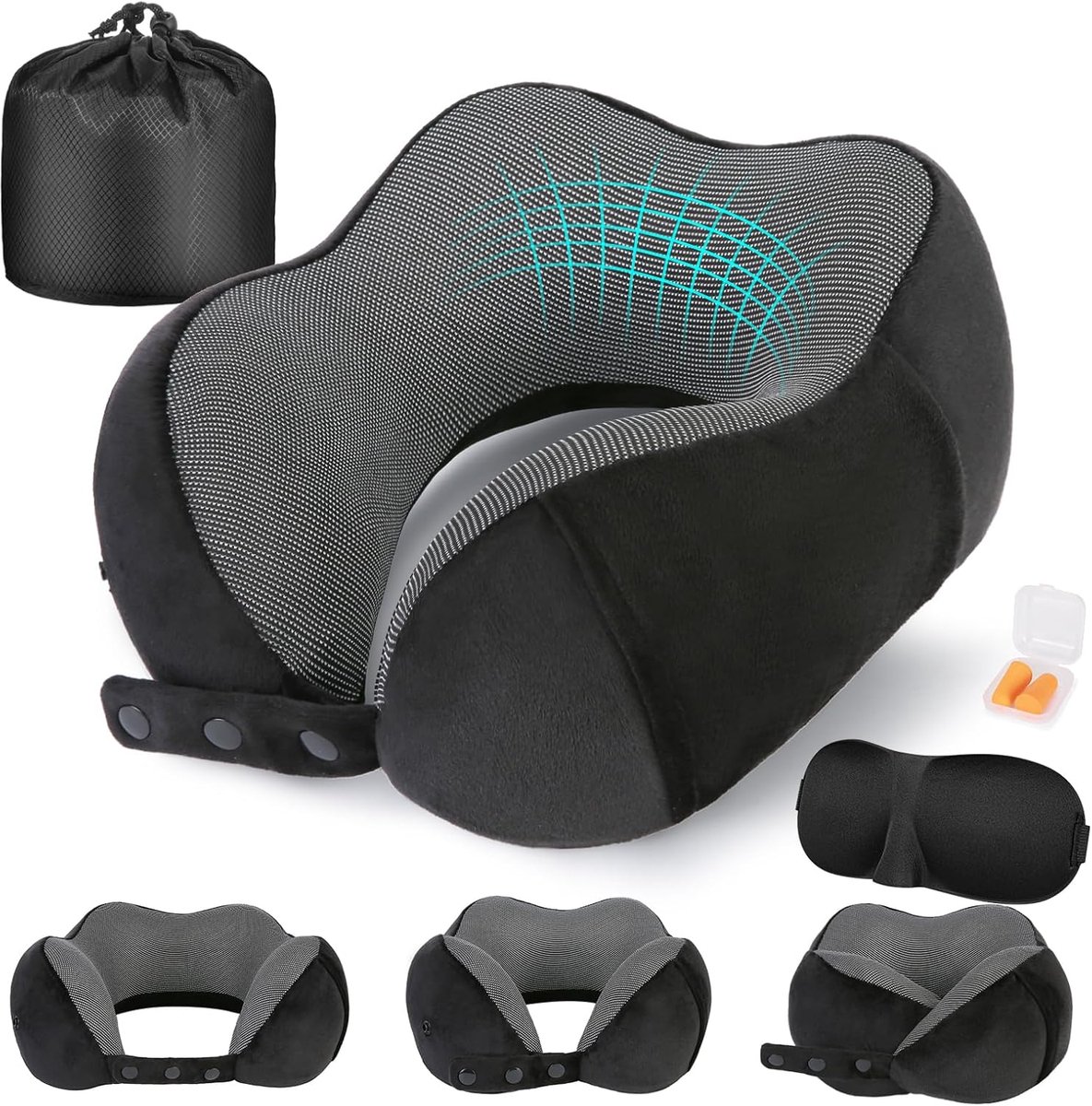 Nekkussen - Reiskussen - Nekkussen Vliegtuig - Reiskussen voor Vliegtuig - Nek Kussen voor Reizen - Traagschuim Reiskussen voor Volwassenen - Verstelbaar & Compact Vluchtkussen - Ergonomisch Nek Kussen - Met Oordopjes, Oogmasker, Draagtas