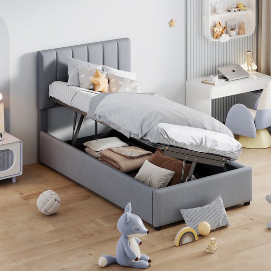 Dolamaní Modern jeugdbed, 90 x 200 cm, gestoffeerd bed met bedlade, bed met lattenbodem en opbergruimte, kussen hoofdeinde met opbergvak, linnen bekleding, kinderbed voor jongens en meisjes (grijs B