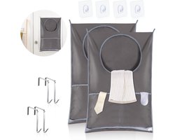 Hanging Laundry Basket Wall Mounted Laundry Bags with Stainless Steel Hooks and Adhesive Hooks - Set of 2, Space Saving Solution for Bathroom Above Door (Grey)