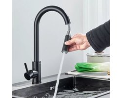 Keukenkraan - Keukenmengkraan Met Uittrekbare Uitloop - 360° draaibare mengkraan - uittrekbare uitloop - 2 straalsoorten - Uittrekbaar - Spoelmengkraan - Handdouche keukenkraan Uittrekbaar- Flexibele Slang - Zwart