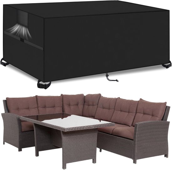 Beschermhoes voor tuinmeubelen, 350 x 160 x 70 cm, 420D Oxford-stof, winddicht, regen, uv-bescherming, beschermhoes voor tafel- en banksets, met touw Beschermhoes voor tuinmeubelen, 350 x 160 x 70 cm, 420D Oxford-stof, winddicht, regen, uv-bescherming, beschermhoes voor tafel- en banksets, met touw