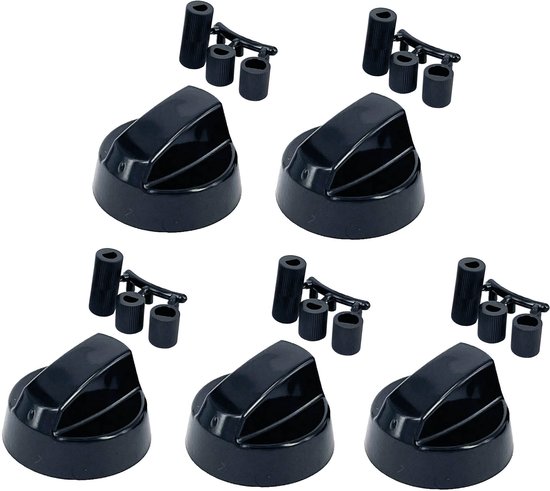 Vijf zwarte kunststof knoppen met ribbelpatroon, elk met bijpassende adapters.