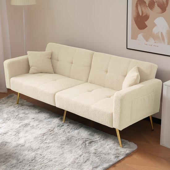 Sweiko 2-zits Bank - Slaapbank - Verstelbare rugleuning - Gouden poten - met Kussens - Beige