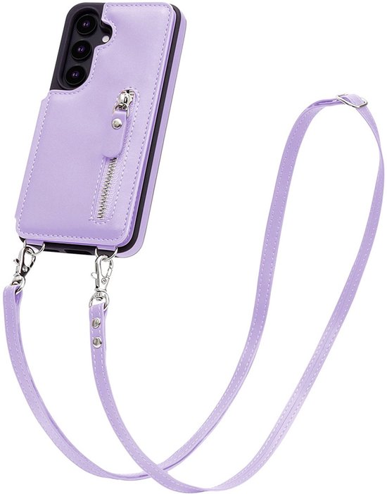 Lila telefoonhoesje met ritsvak en afneembaar crossbody koord.