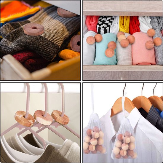 Collage: cederhouten ring in lade, cederhouten balletjes in lade, cederhouten ringen op hangers, cederhouten balletjes in gaaszakjes aan hangers.