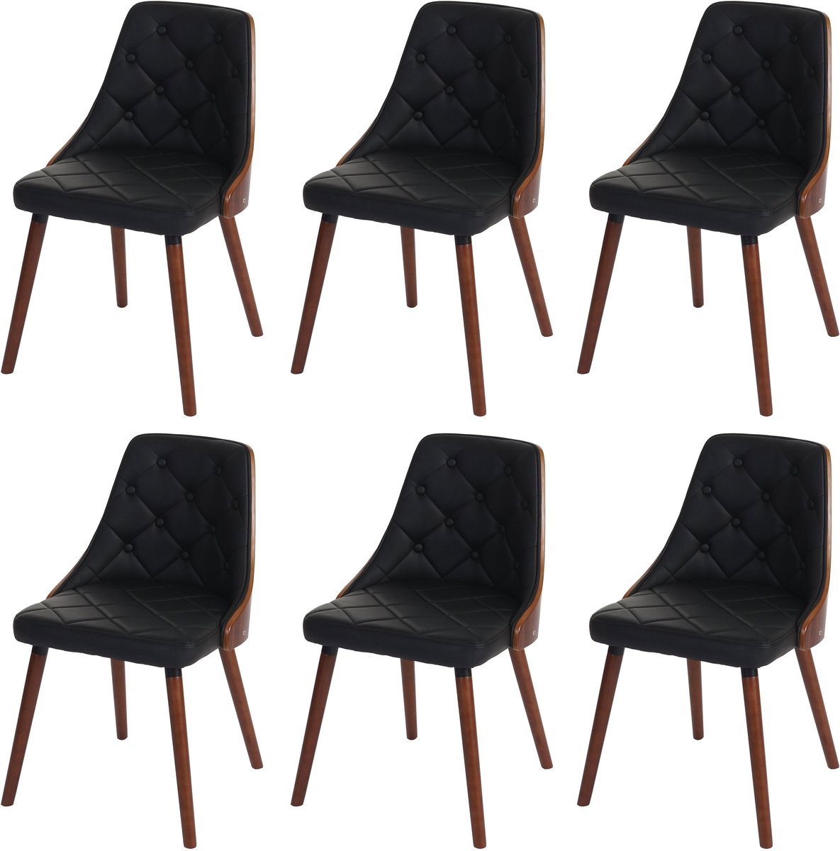 Set van 6 eetkamerstoelen MCW-A75, bezoekersstoel keukenstoel, walnoot-look gebogen hout ~ kunstleer zwart