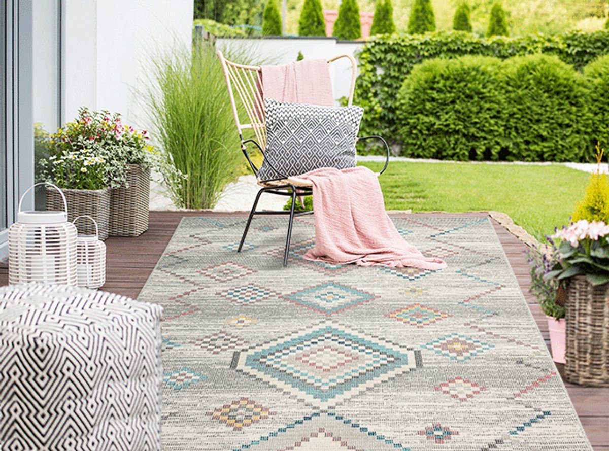 Bol.com the carpet Palma – Indoor & Outdoor Vloerkleed, Weerbestendig & Onderhoudsvriendelijk – Etnisch Motief – Beige met Turqu... aanbieding
