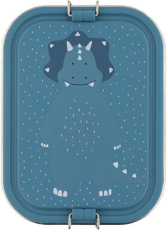 Blauwe lunchbox met een witte dinosaurusprint en een blauwe dinosaurus met hoorns op het deksel.