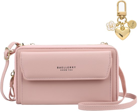 Sac de téléphone universel avec bandoulière pour mains libres – Sac portefeuille robuste avec beaucoup d'espace de rangement – ​​Sacs de téléphone pour femme – Convient pour iPhone, Samsung, Honor, Google Pixel, Lenovo et Xiaomi – Rose