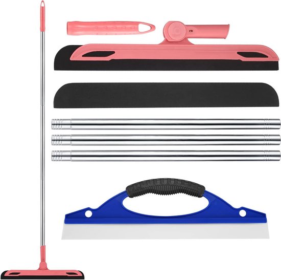 Raclette de sol, raclette de douche à glissière, raclette de fenêtre à long manche, charnière à 180° - Rose