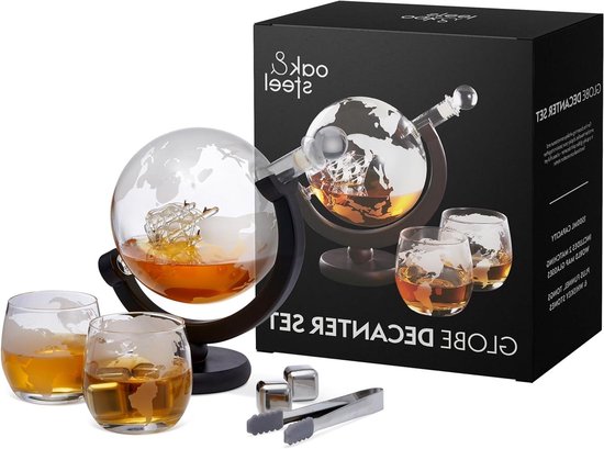 Oak & Steel - Whisky Karaf (Zeilschip, 1000ml), Whiskey Decanter met Roestvrijstalen Kraan & 4 Whiskyglazen (300ml) - Verjaardags- en Kerstcadeau voor Mannen