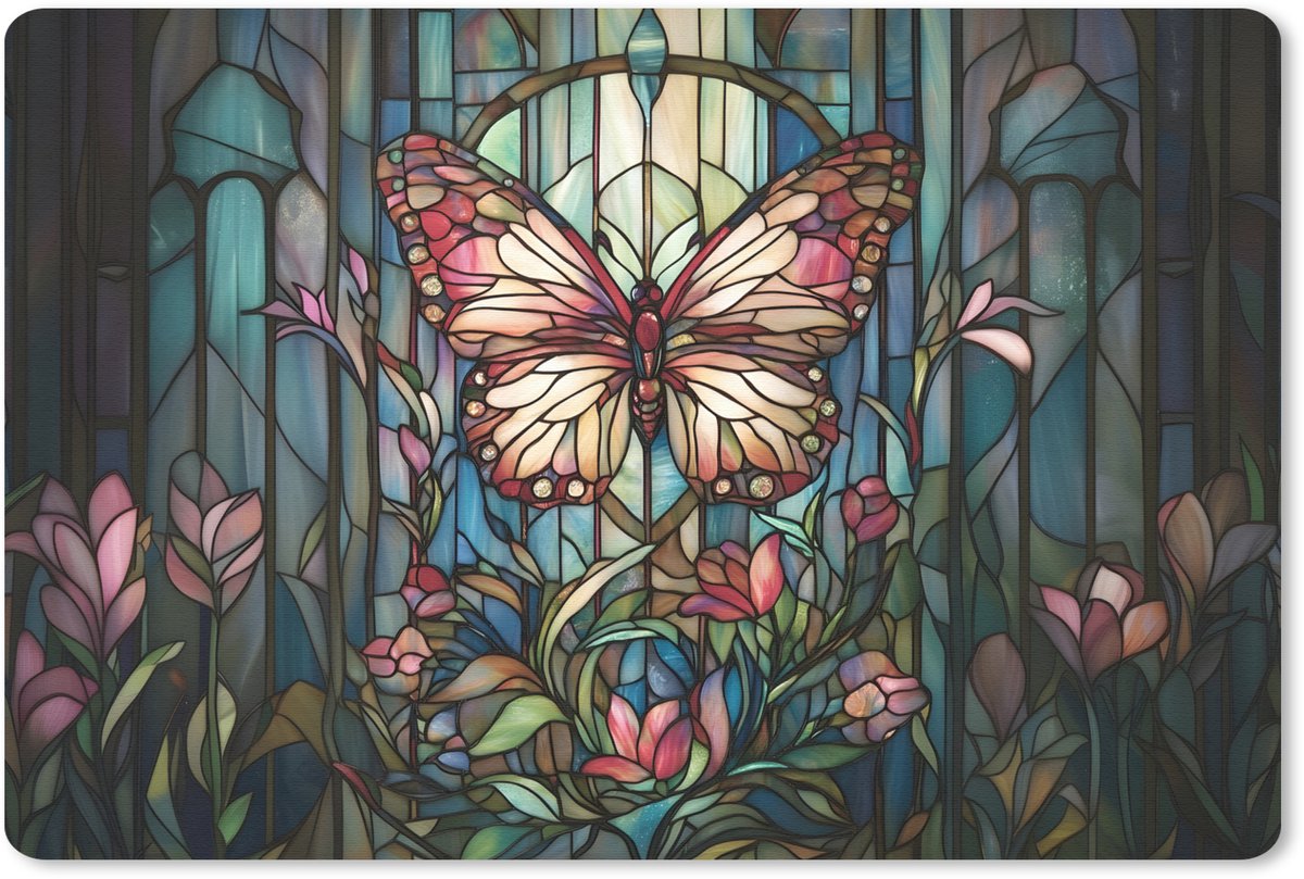 Muismat 27x18 cm - Mousepad Vlinder - Roze - Bloemen - Bladeren - Muismatten