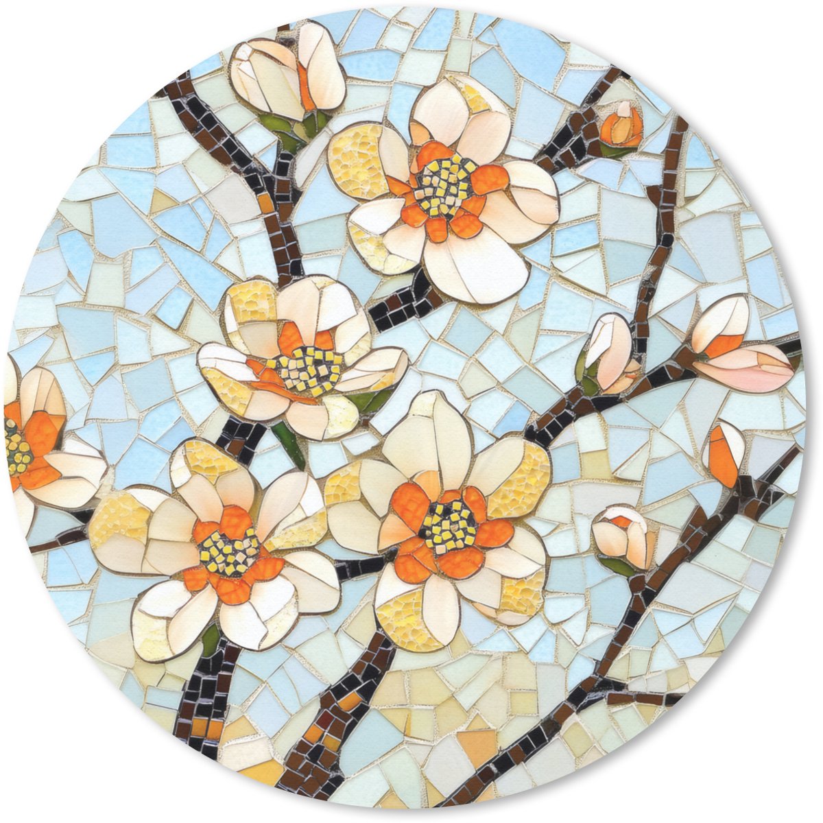 Muismat rond 20x20 cm - Mousepad Bloesems - Wit - Mozaïek - Tak - Ronde muismatten