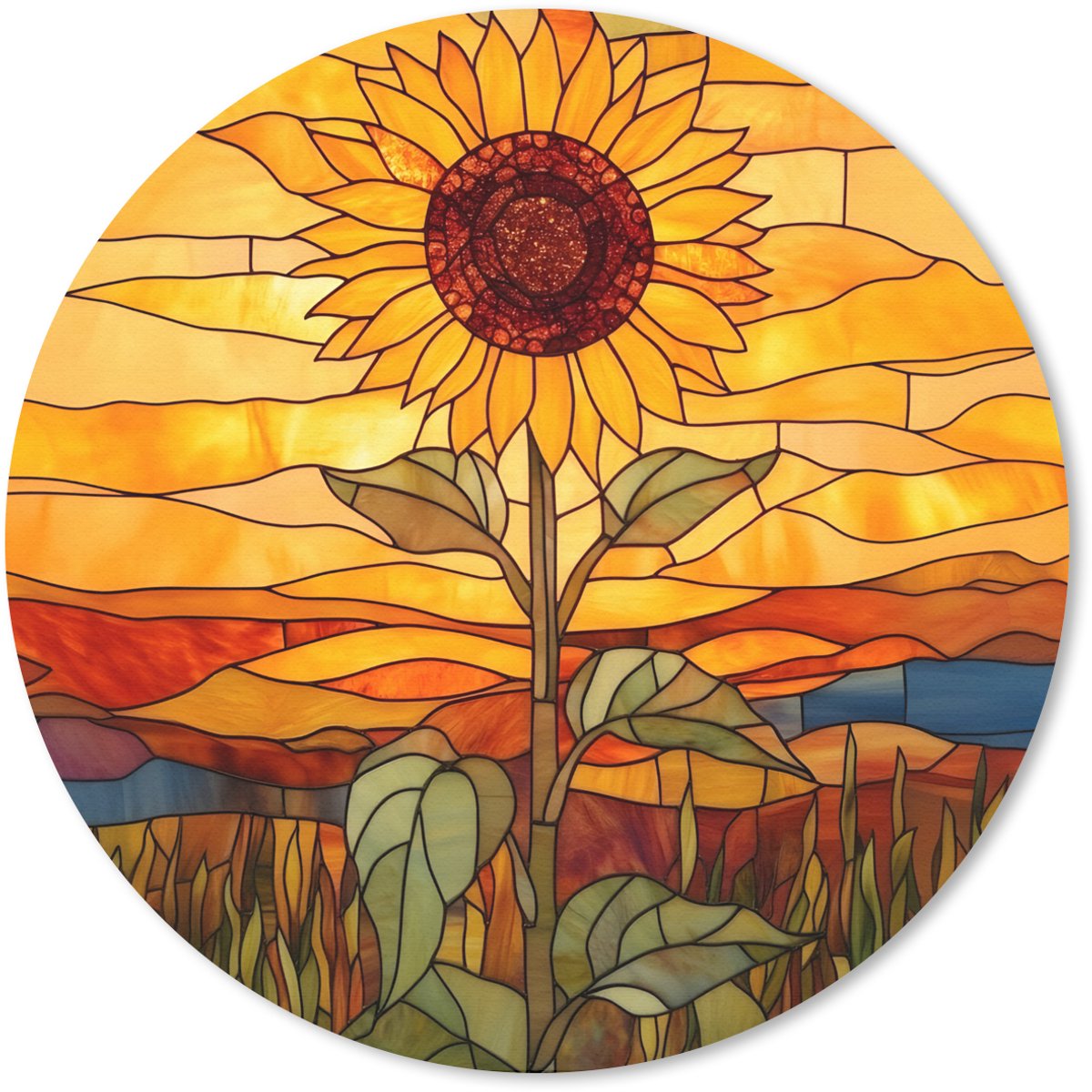 Muismat rond 40x40 cm - Mousepad Zonnebloem - Mozaïek - Zonsondergang - Geel - Ronde muismatten
