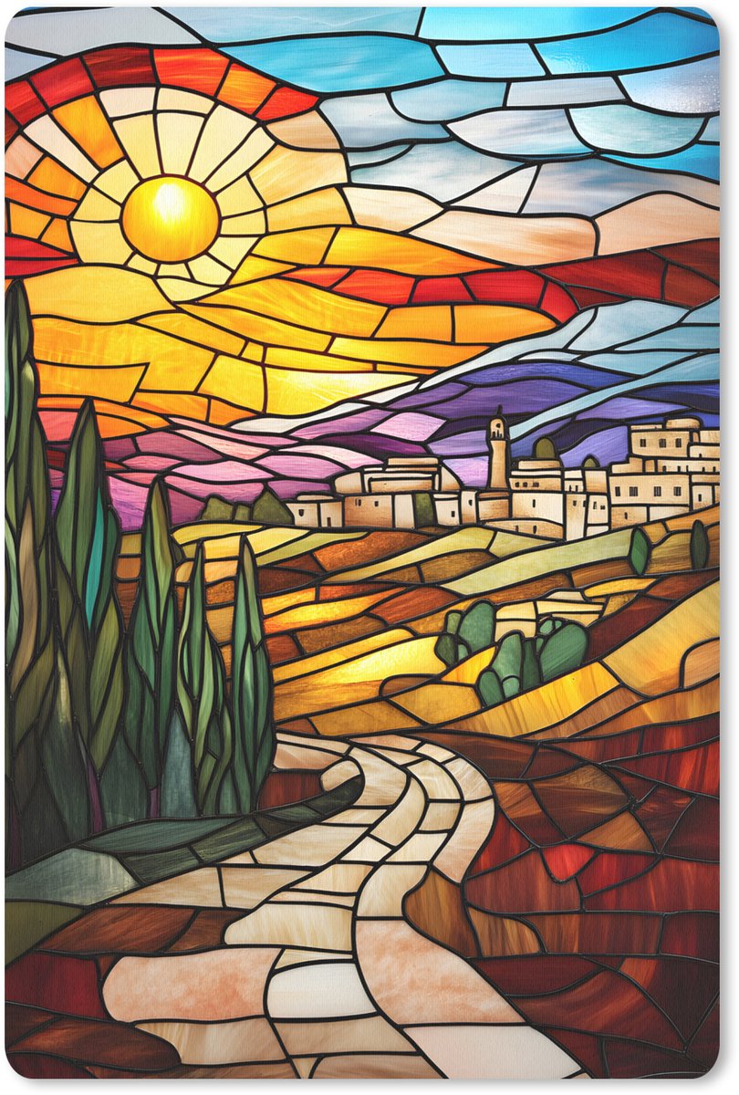 Muismat 18x27 cm - Mousepad Mozaïek - Zon - Landschap - Dorp - Muismatten
