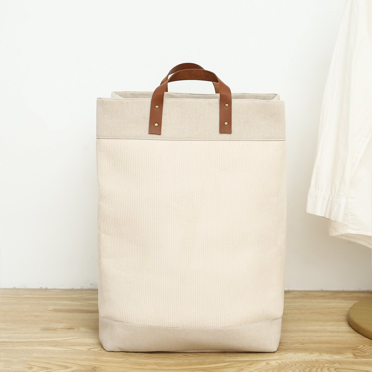 NOVARTA, Opvouwbare wasmand van jute stof met lederen handvat, opbergmand, Laundry basket - Wasbox