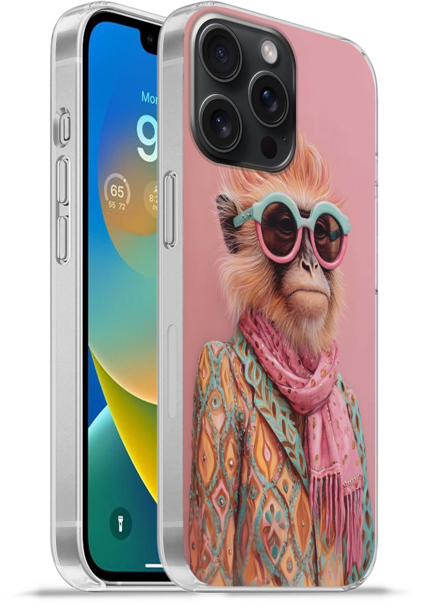 Telefoonhoesje Geschikt voor iPhone 15 Pro Max hoesje - Sjaal - Aap - Zonnebril - Jasje - Siliconen Telefoonhoesje Telefoonhoesje
