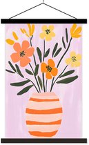 Posterhanger incl. Poster 40x60 cm - Schoolplaat - Vaas - Gestreept - Bloemen - Oranje - Textielposter - Zwarte latten