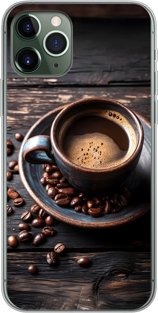 Telefoonhoesje Geschikt voor iPhone 11 Pro hoesje - Kop - Koffie - Hout - Bonen - Siliconen Telefoonhoesje Telefoonhoesje