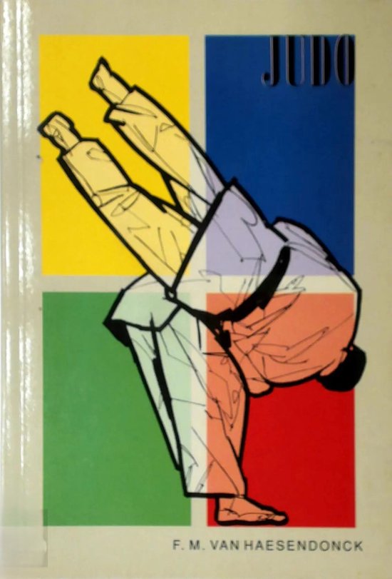 Livre de Judo avec illustration d'un judoka en judogi jaune et violet clair sur fond coloré.