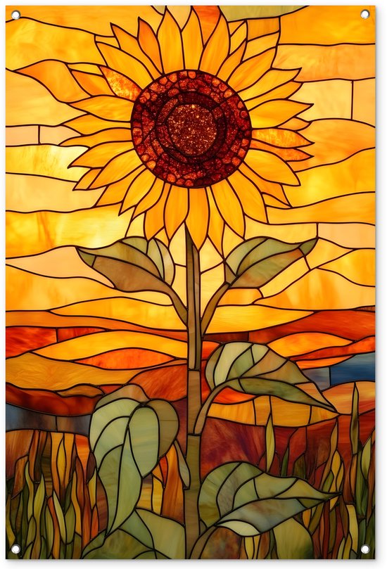 Tuinposter 80x120 cm - Tuindecoratie Zonnebloem - Mozaïek - Zonsondergang - Geel - Poster voor in de tuin - Buiten decoratie - Schutting tuinschilderij - Tuindoek muurdecoratie - Wanddecoratie balkondoek