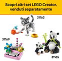LEGO Creator sets: grijze kat met muis, roze typemachine met bloemen, en panda's.