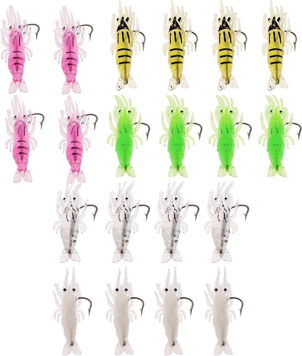 Visaas 20 stuks garnalen softbaits 3.5cm voor forel zeebaars zalm (groen transparant geel en roze)