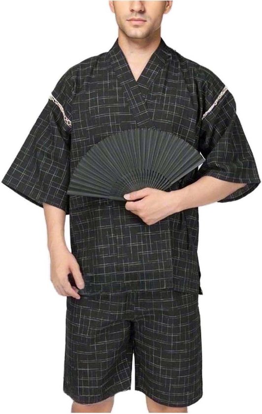 Klassieke traditionele Japanse pyjama, stijlvolle katoenen badjas kimono pyjama vrijetijdskleding voor mannen en vrouwen, blauw gestreept, Meerkleurig, M