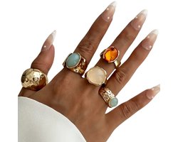 5-delige Acryl Ringen Set – Open Ringen – Modieuze Sieraden Set Goudkleurig – Festivals, School, Vakantie of Dagelijks Gebruik – Cadeau Tip Dames en Vrouwen