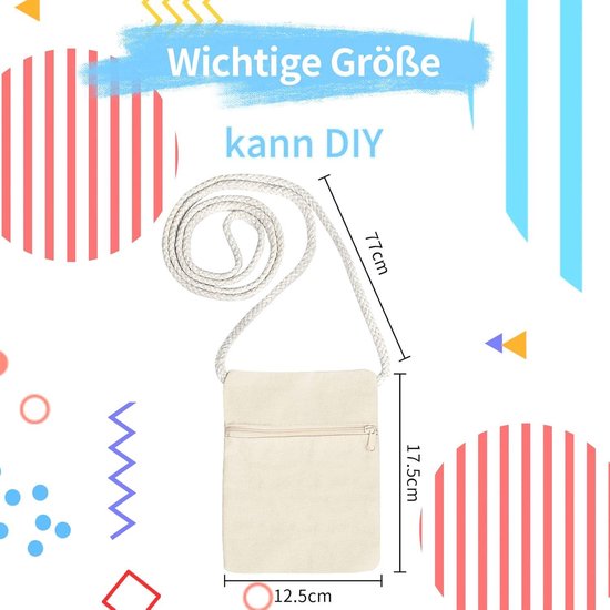 Pak van 12 schoudertassen voor kinderen, 18 x 12 cm, stoffen tassen om te schilderen, schoudertas om te schilderen, beige stoffen tas om te schilderen voor kinderen, nekzakje voor verjaardagsfeest
