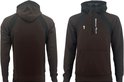 Voor- en achterkant van een bruine hoodie met zwarte panelen en een rits tot halverwege.
