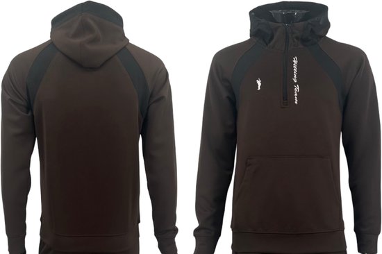 Voor- en achterkant van een bruine hoodie met zwarte panelen en een rits tot halverwege.
