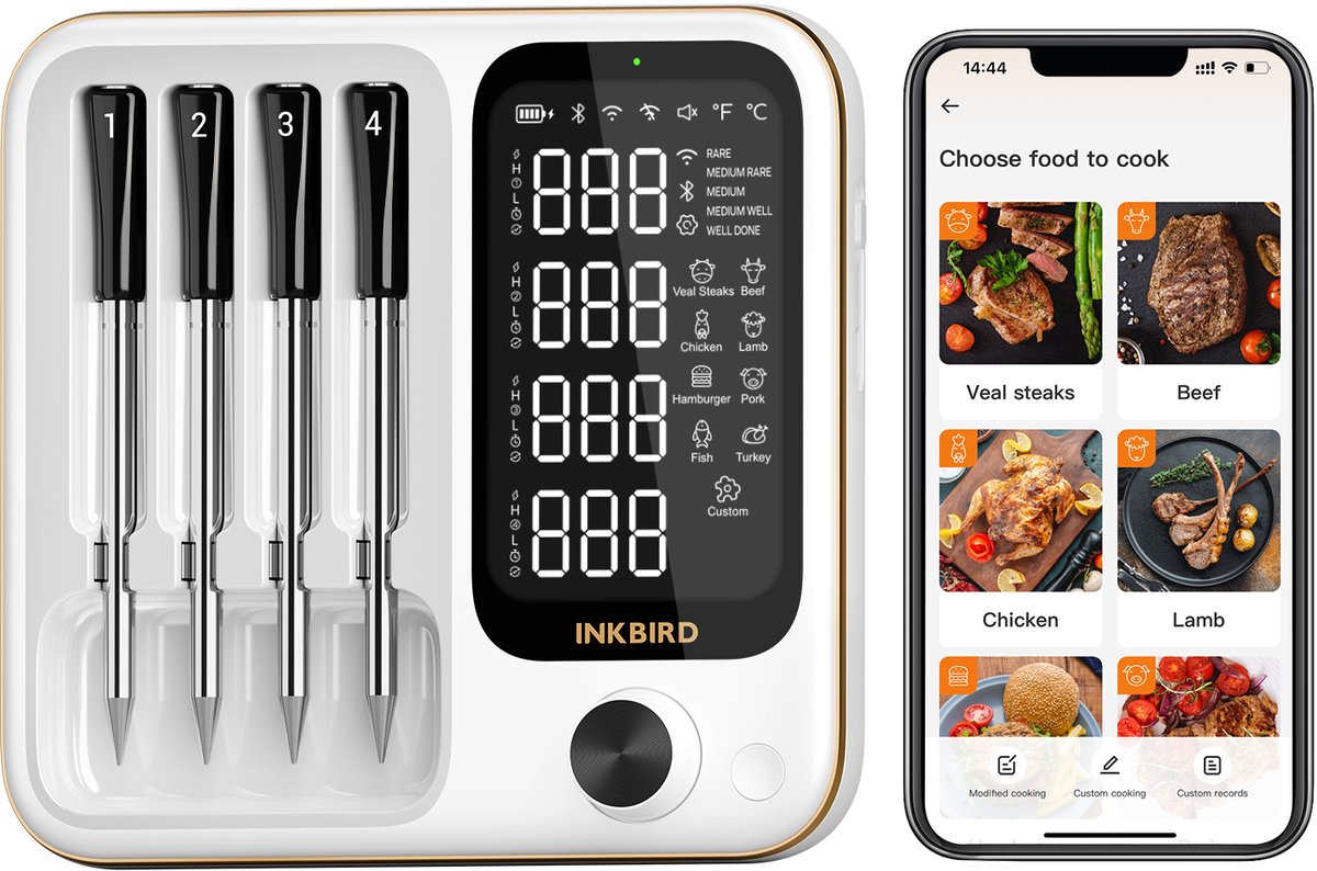 INKBIRD INT-14-BW WHITE Edittion LUXE WiFi & Bluetooth BBQ Thermometer – Draadloze Vleesthermometer met App – Voor Barbecue, Oven en Grill – Keukenthermometer- Model 2025