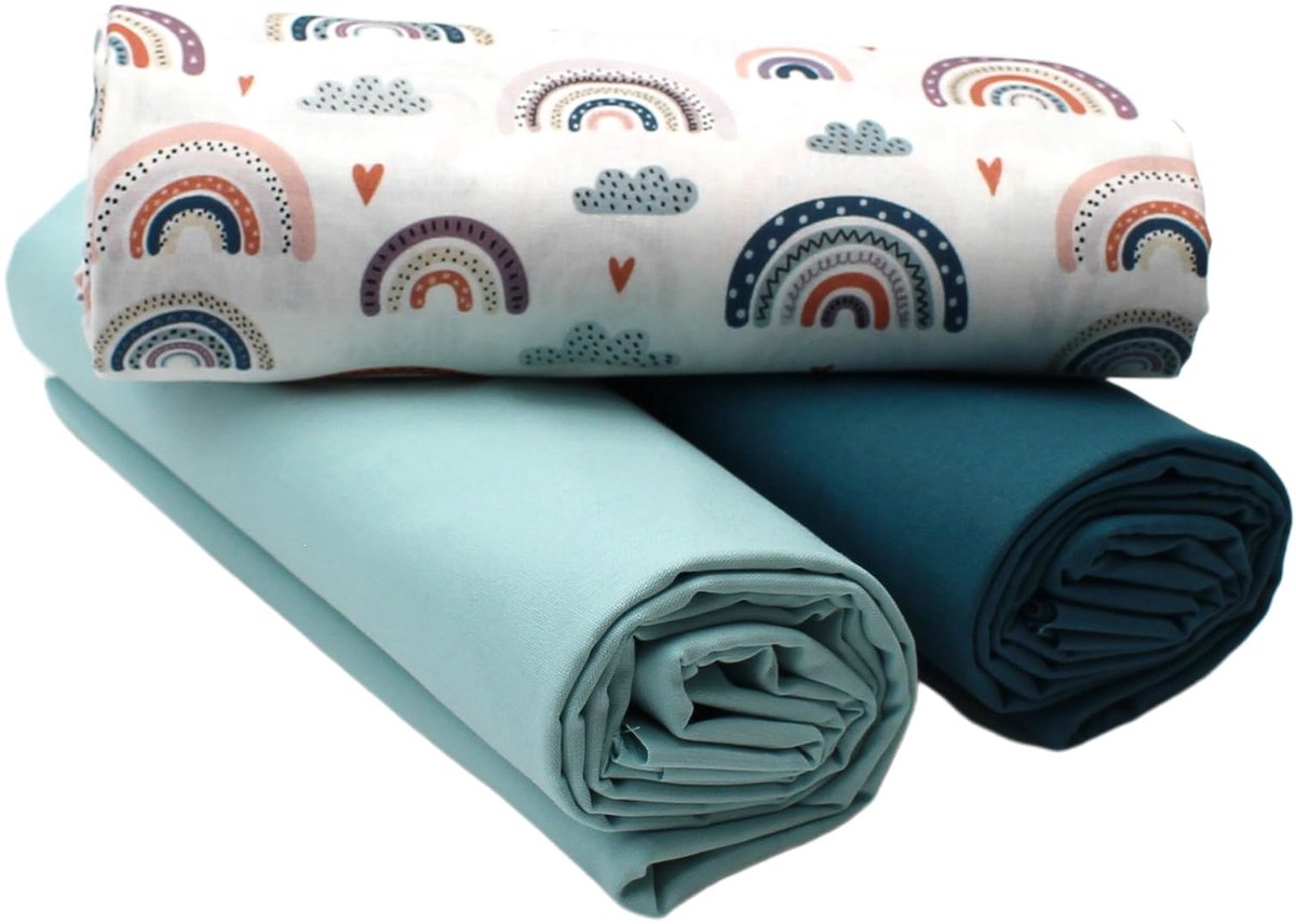 VmG-Store 1,5m katoenen stoffenset designstof + 2x effen kleurgecoördineerde 100% katoenen materiaalselectie (Rainbow Pastel White Set01)