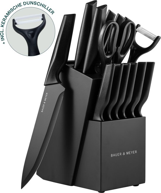 BAUER & MEYER® Messenset - Messenblok - Keukenmessen - Keukengerei - 15-delig - Incl. dunschiller, keukenschaar en messenslijper - Zwart