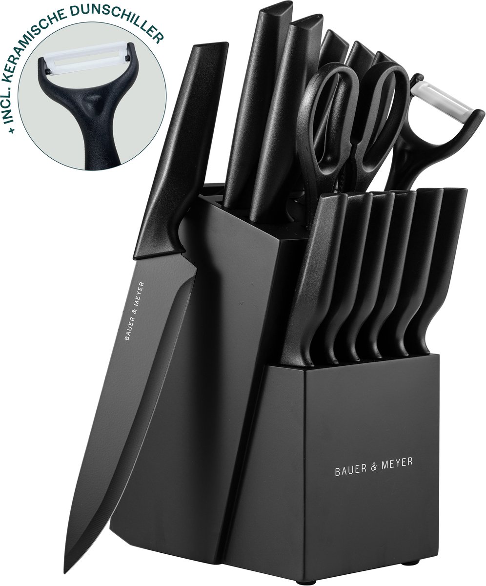 BAUER & MEYER® Messenset - Messenblok - Keukenmessen - Keukengerei - 15-delig - Incl. dunschiller, keukenschaar en messenslijper - Zwart