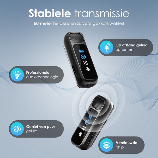 Zwarte microfoon met batterij-indicator, "Professionele audiotechnologie" en "Op afstand geluid opnemen"