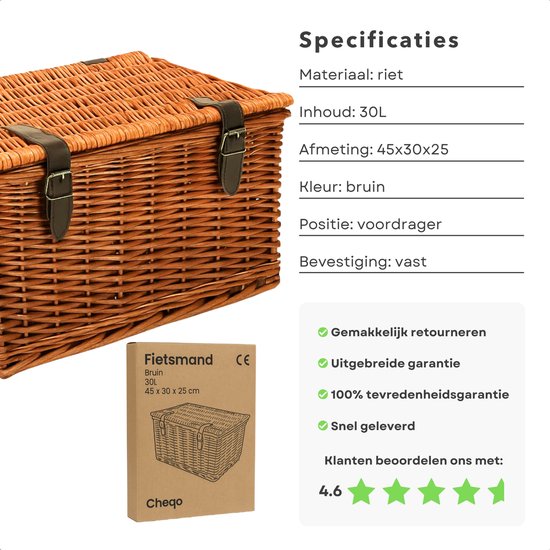Foto: Cheqo fietsmand riet 30l bakkersmand bruin met deksel riempjes voorrek fietsmand nostalgisch design vaste montage picknickmand boodschappenmand stevige rieten mand voor omafiets
