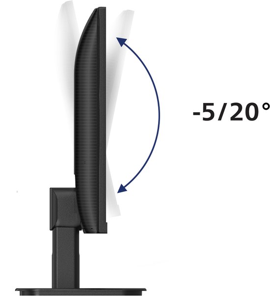 Zijaanzicht van de Philips-monitor met een kantelbare voet van -5 tot 20 graden.