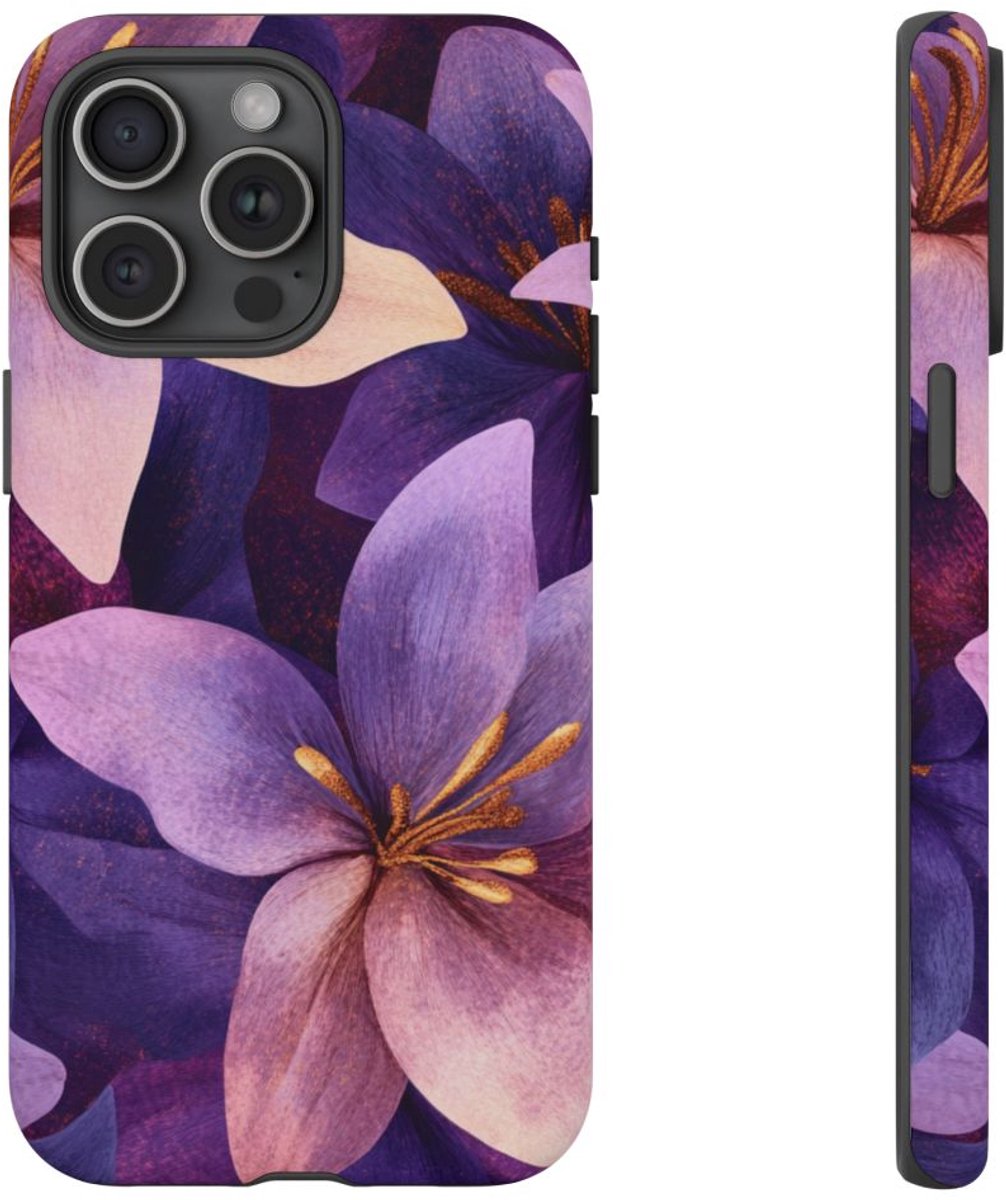 Paars-Gouden Bloemenpatroon – Telefoonhoesje Geschikt voor iPhone 15 Pro Max