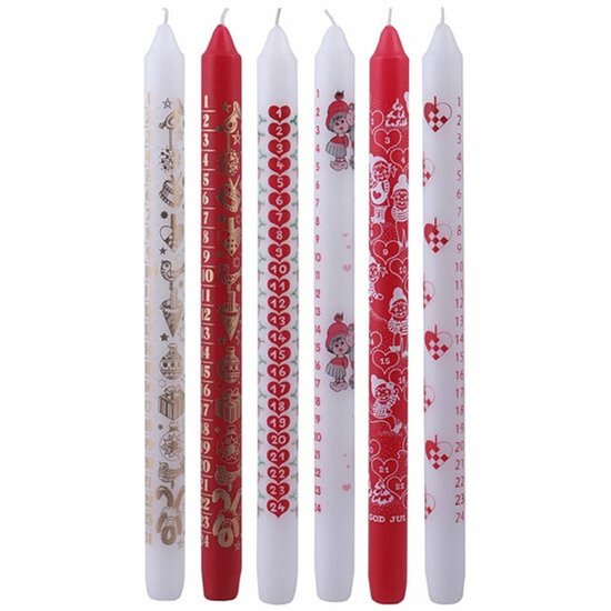Adventkaarsen Set - Rood & Wit - Kaarsen Met Cijfers & Kerstmotieven - DIY Kaarsenset - Decoratieve Kaarsen - 22mm x 30cm - 24 Stuks - 12 Uur Brandduur