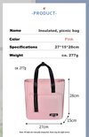 Roze lunchtas (27x15x28cm) met zwarte hengsels en een "LUNCH BAG" logo op de voorkant.